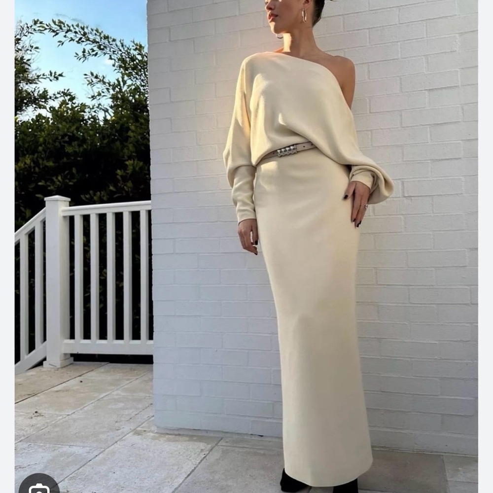 NWT - KHAITE Off-Shoulder Cream Wool Dress - Picture 4 of 7